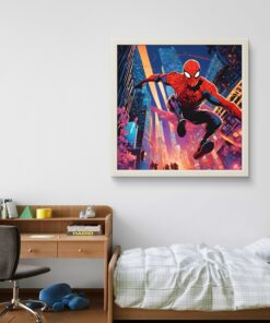 Örümcek Şehirde , Çocuk Odası Led Tablo – 60x60 cm | Sıva Üstü Montajlı, Tak-Çalıştır Sistem