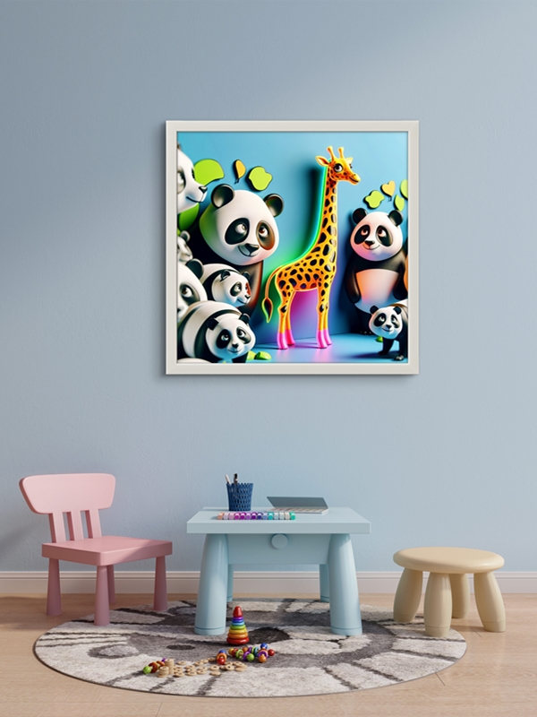 Sevimli Pandalar ve Zürefa Led Tablo – 60x60 cm | Sıva Üstü Montajlı, Tak-Çalıştır Sistem, Arapuarlı - Görsel 2