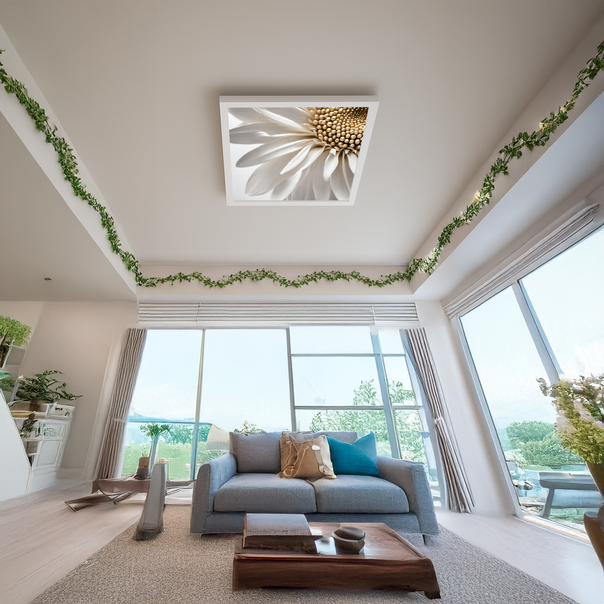 Papatya 60cm x 60cm 54W Avize, Dekoratif Aydınlatma Led Panel, Baskılı Tavan Armatürü, Papatya Desen Avize - Görsel 2