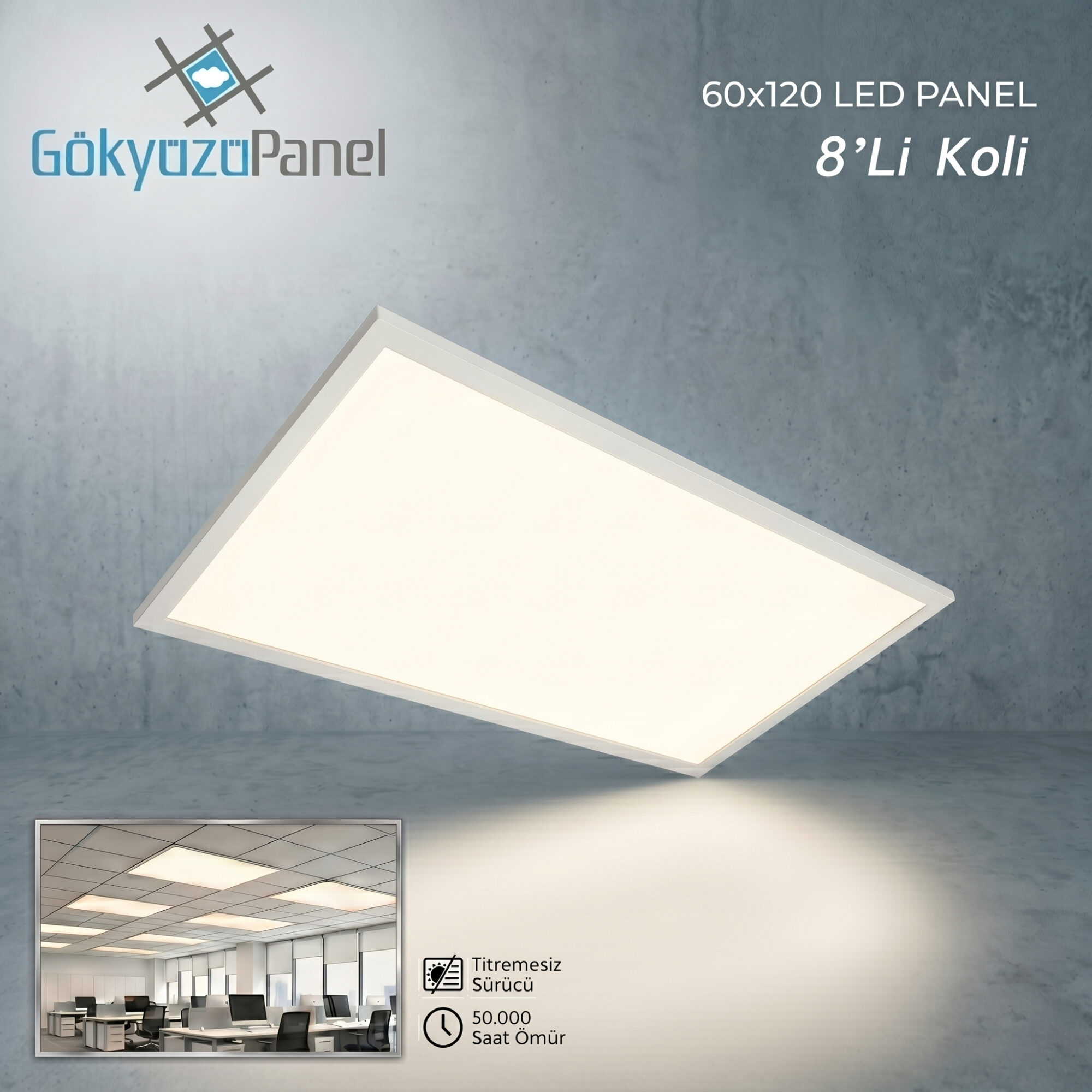 8'Lİ KOLİ - Gökyüzü Panel 60x120 cm Sıva Altı LED Panel 108W, 3000K Gün Işığı, Asma Tavan Aydınlatma Paneli