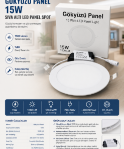 Gökyüzü Panel 15W Sıva Altı Yuvarlak Slim LED Spot Lamba - 1500 Lümen - Beyaz Işık (CE Belgeli)