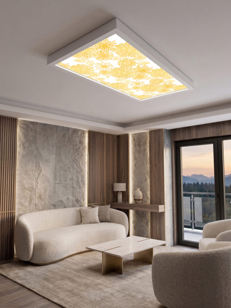Gökyüzü Panel Sarı Çiçekler 60x120, 106W, Sıva Üstü, Güçlü Led Aydınlatma, Tavan Armatürü, Led Panel, Ofis, Mutfak Aydınlatması