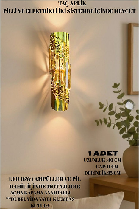 Taç Aplik Gold - Pilli ve Elektrikli Dekoratif LED Duvar Lambası (6W) - Görsel 5