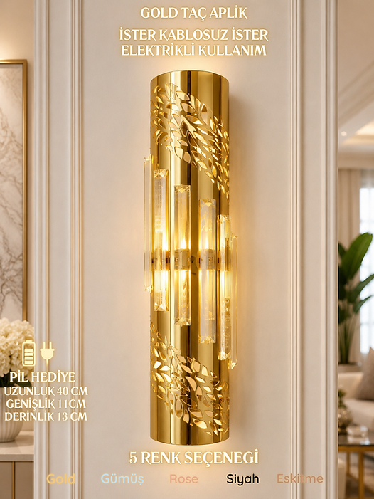 Taç Aplik Gold - Pilli ve Elektrikli Dekoratif LED Duvar Lambası (6W) - Görsel 2