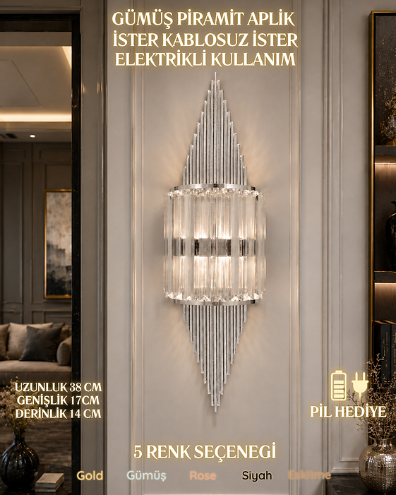 Piramit Aplik Gümüş - Pilli ve Elektrikli Dekoratif LED Duvar Lambası (6W) - Görsel 2