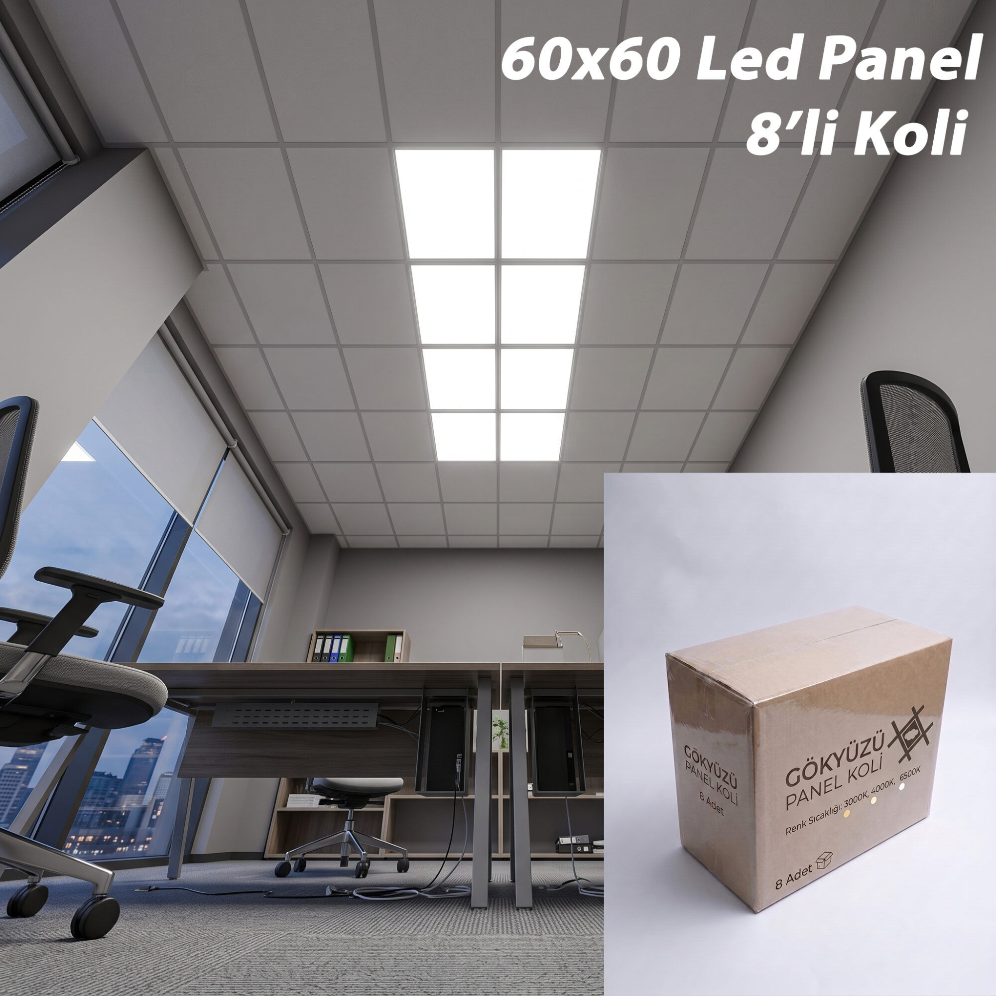 Gökyüzü Panel 8'li Paket 60x60 Sıva Altı LED Panel - 54W Asma Tavan T24 Uyumlu Led Panel Kolisi
